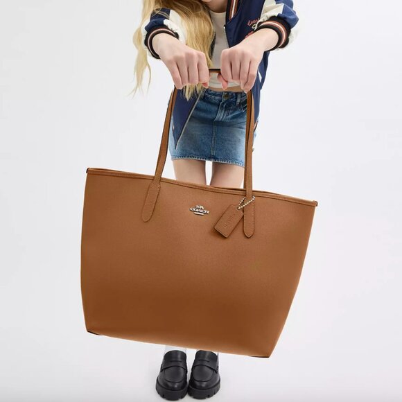 NWT - COACH City Tote Bag - CR111 Pebbled Leather/Silver/Light Saddle - $398 - Picture 1 of 15